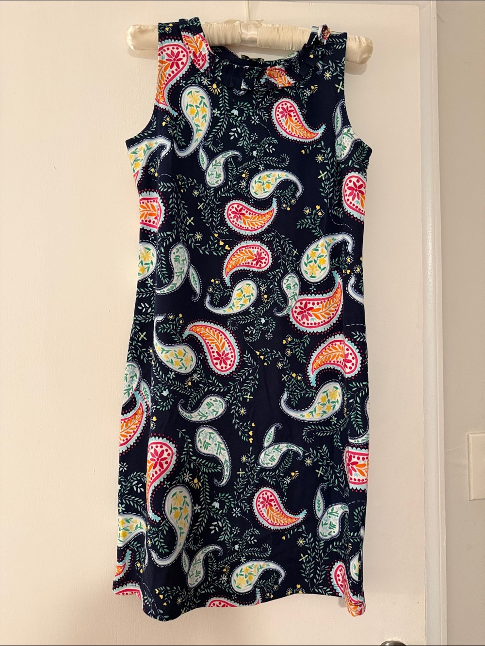 Talbots Navy Paisley Midi Sheath Dress with Pink, Yellow & Green Accents
